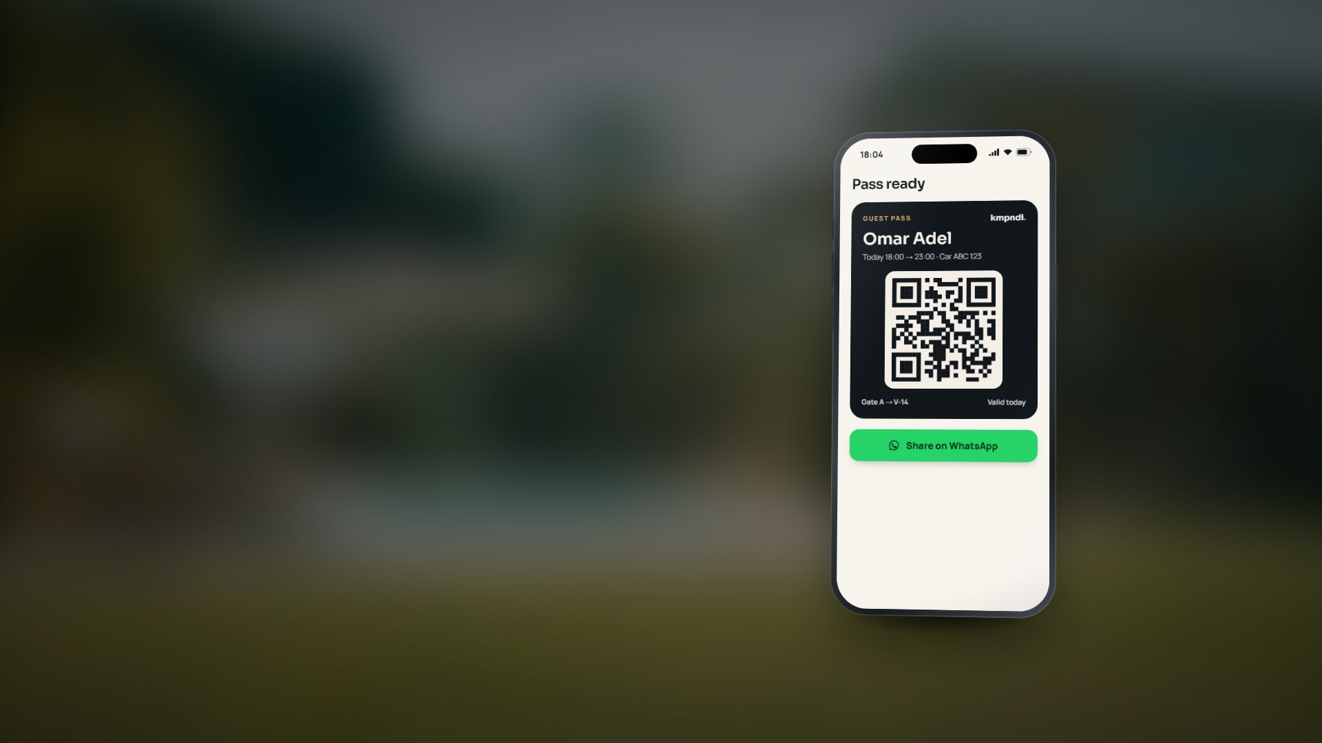 The kmpndi resident app showing a guest pass ready to share on WhatsApp